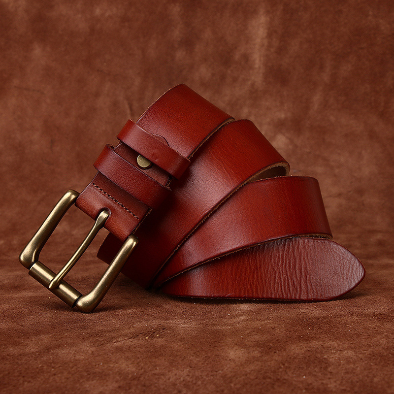 Men’s Full-Grain Leather Belt with Antique Brass Buckle – 3.8cm Wide