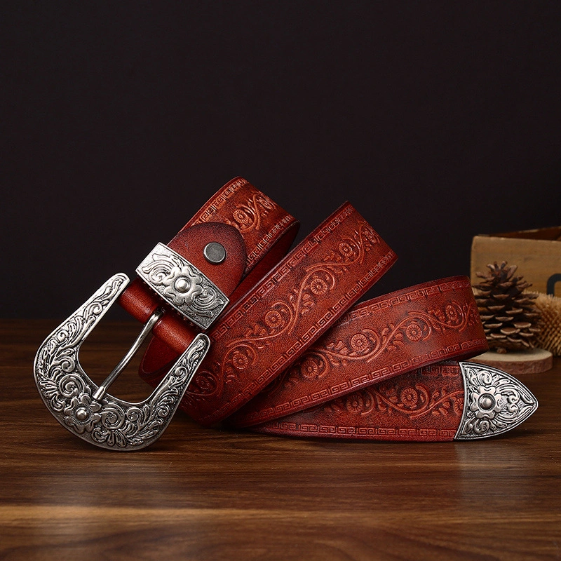 Embossed Full-Grain Leather Belt with Antique Silver-Tone Buckle | 3.8cm Wide