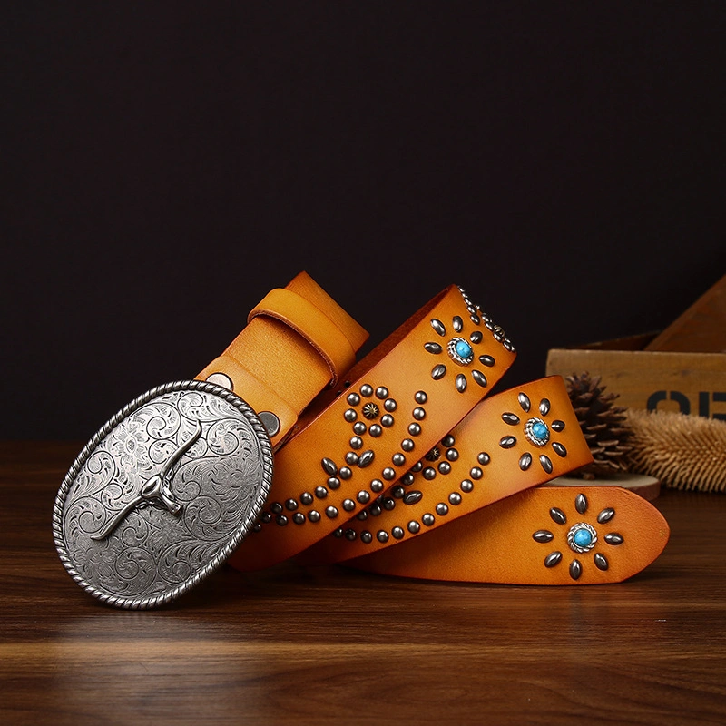 Sierra Longhorn Leather Belt with Engraved Plate Buckle | 3.8cm Wide