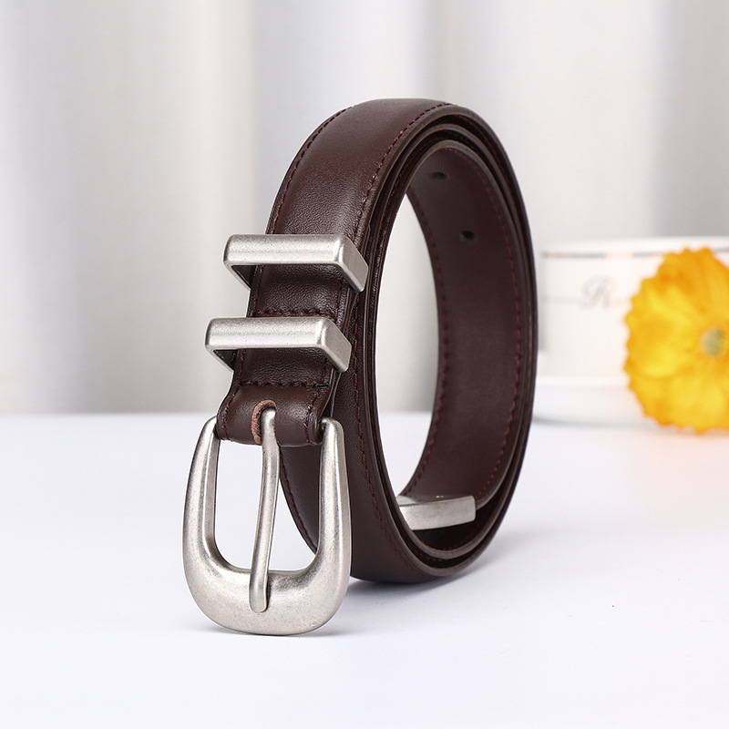Simple Retro Silver Genuine Leather Belt 2.4cm Wide B22