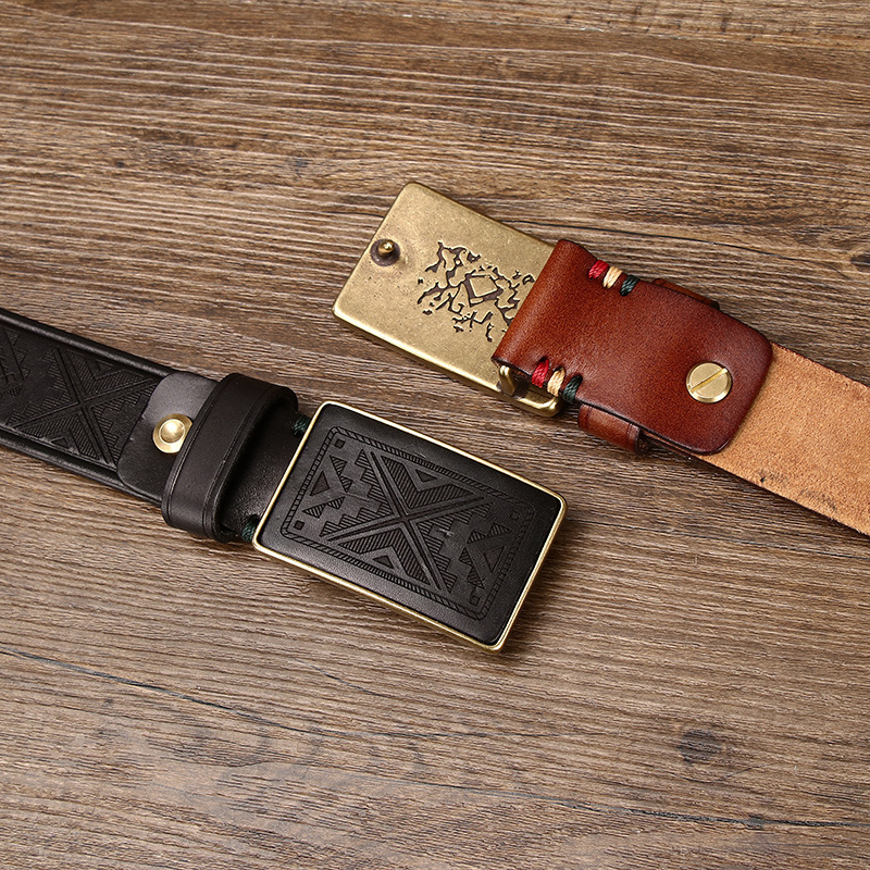 Handmade Vintage Laser-engraved Buckle Leather Belt 3.8cm B14-KKICO