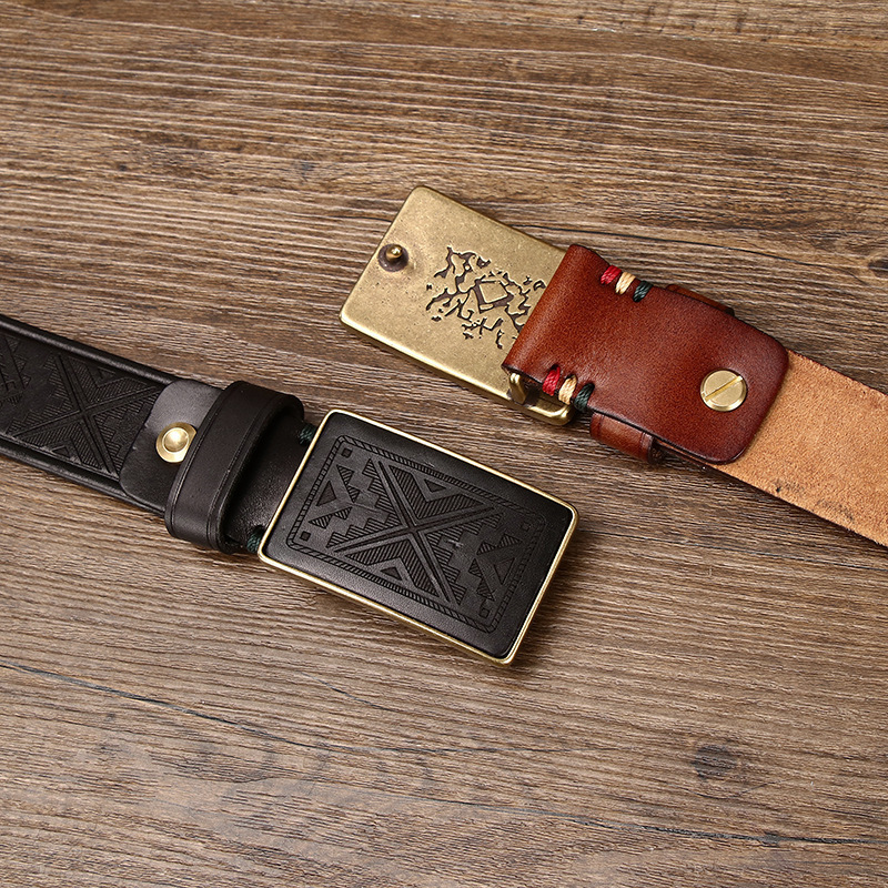 Handmade Vintage Laser-engraved Buckle Leather Belt 3.8cm B13