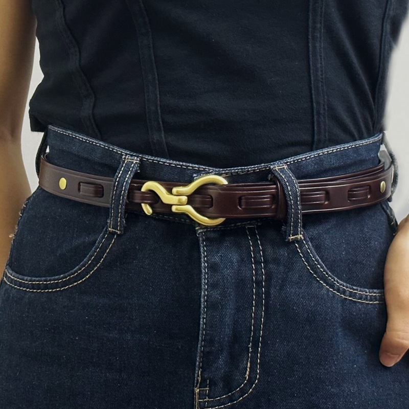 Vintage Copper Hook Genuine Leather Thin Belt 2.0cm Wide B25-KKICO