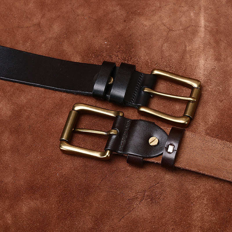 Men’s Full-Grain Leather Belt with Antique Brass Buckle – 3.8cm Wide
