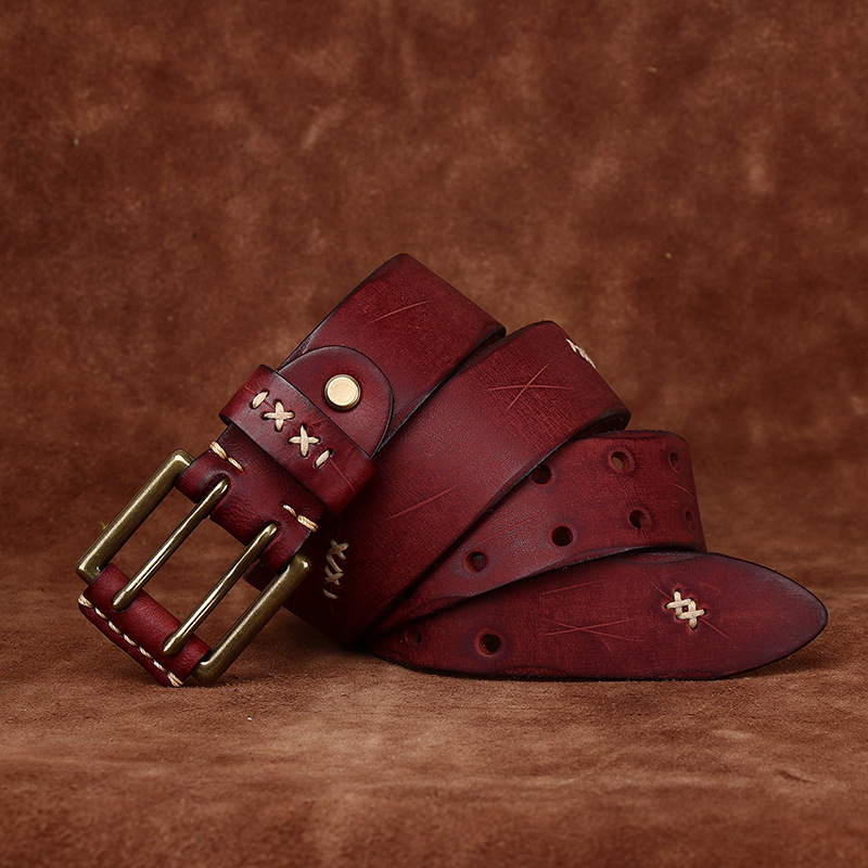 Vintage Double-buckle Leather Belt Wide 3.8CM B41