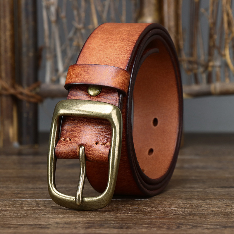 Vintage Brass Buckle Genuine Leather Belt Wide 3.8CM B57-KKICO