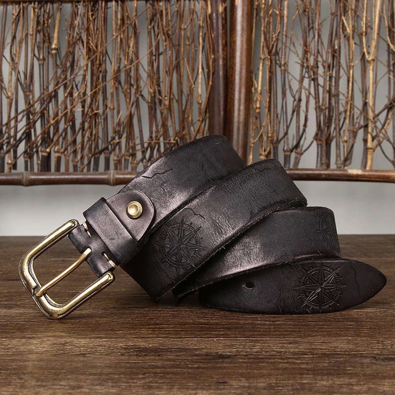 Vintage Engraved Cracked Leather Belt Wide 3.8CM B47