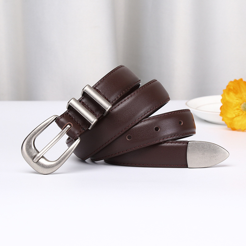 Simple Retro Silver Genuine Leather Belt 2.4cm Wide B22