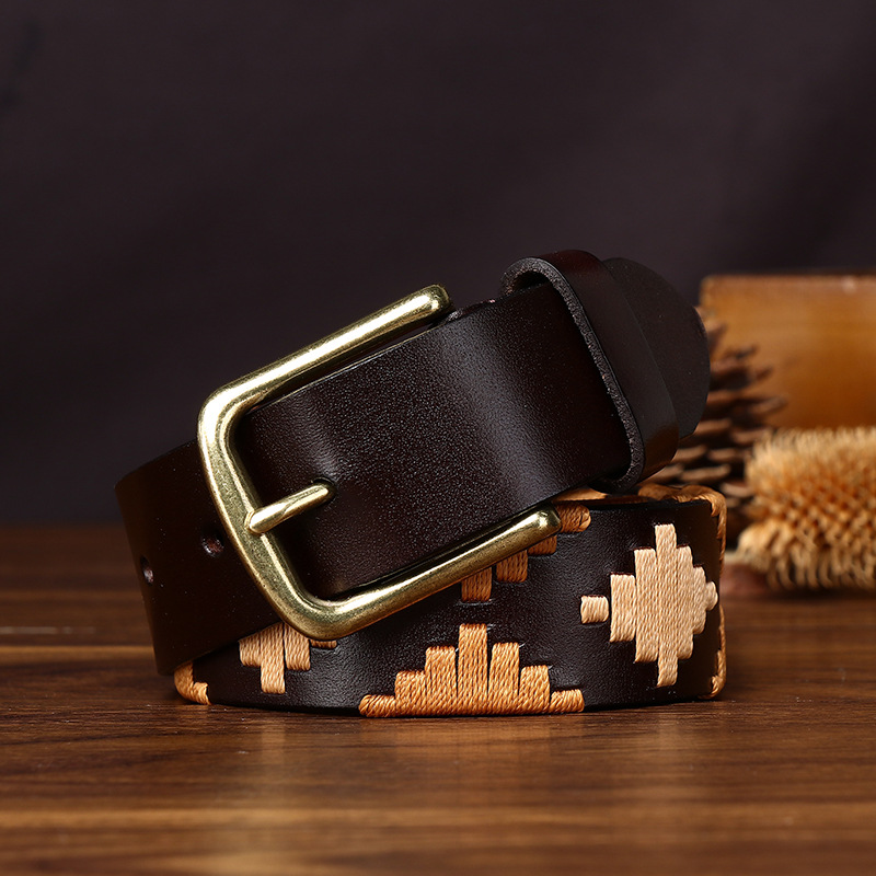 Polo-Style Woven Leather Belt with Brass-Tone Alloy Buckle | 3.4cm Wide