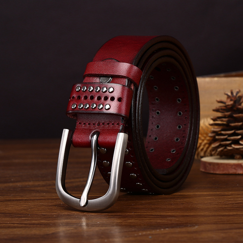 Cowhide Studded Punk Genuine Leather Belt 3.2cm Wide B19-KKICO