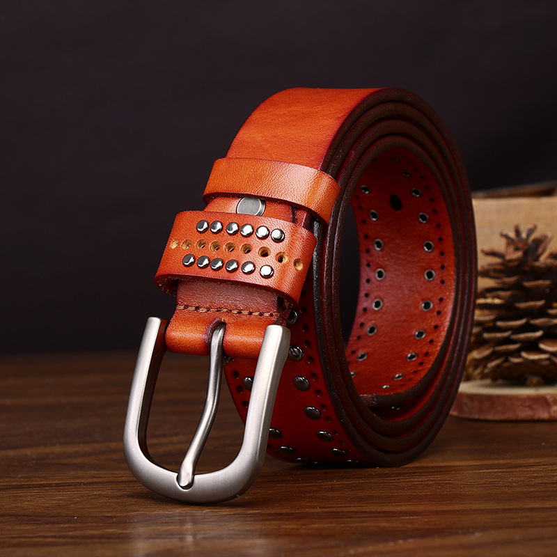 Cowhide Studded Punk Genuine Leather Belt 3.2cm Wide B19-KKICO