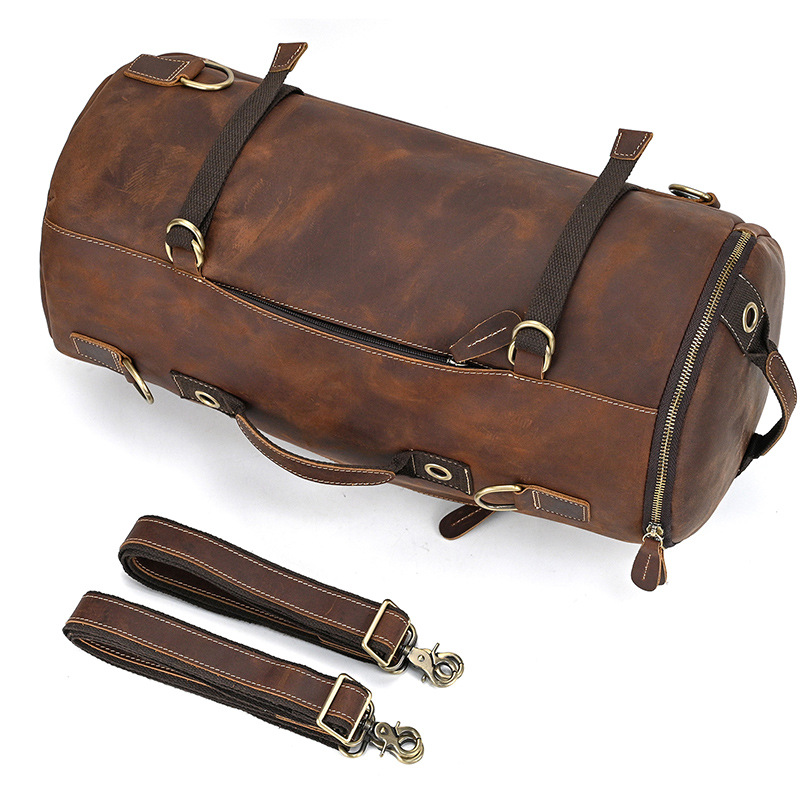 Crazy horse cowhide leather travel backpack barrel shape
