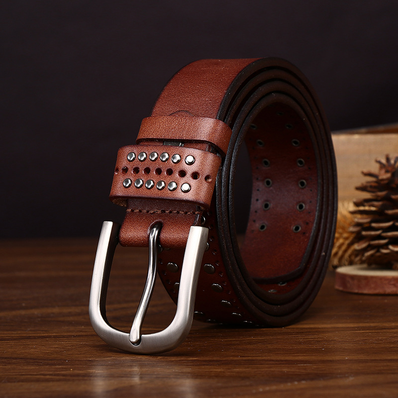 Cowhide Studded Punk Genuine Leather Belt 3.2cm Wide B19-KKICO
