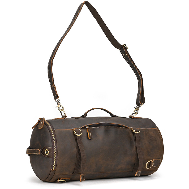 Convertible leather travel bag shown as backpack
