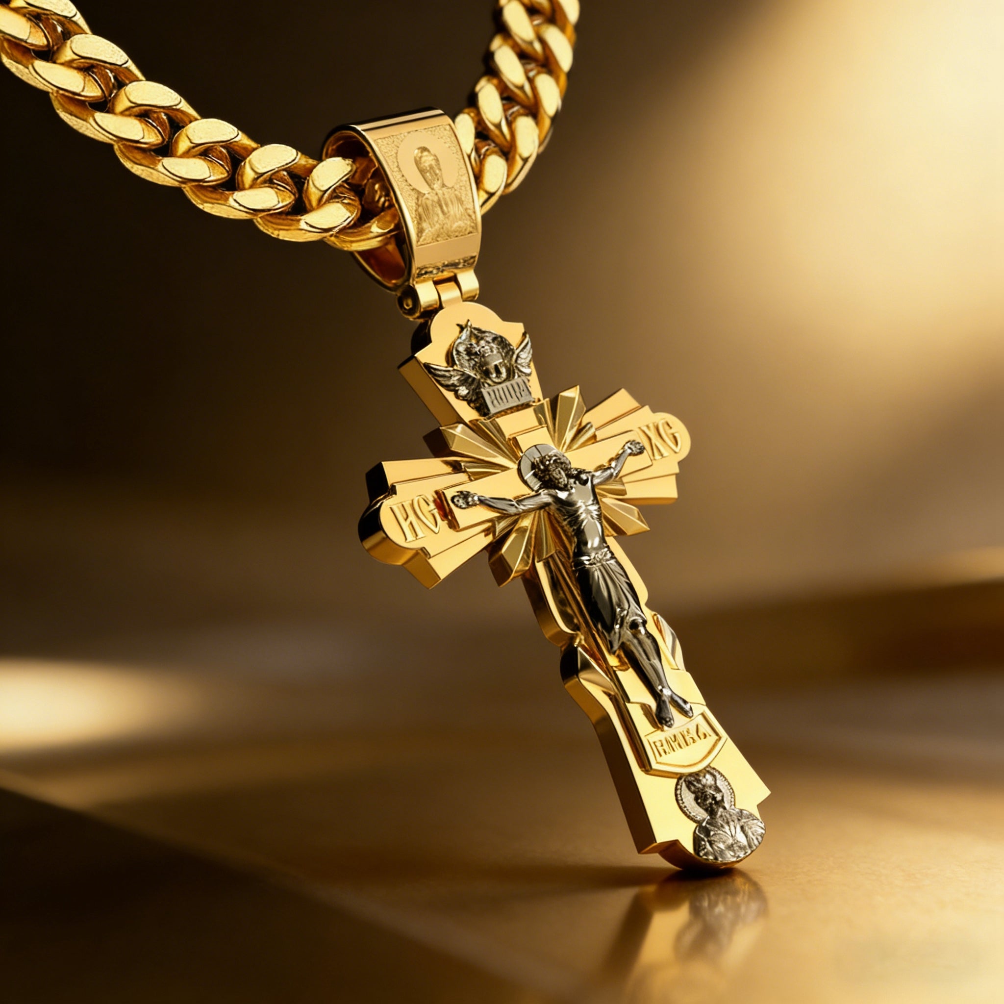 Gold-Plated Copper Crucifix Pendant with Jesus Christ and Religious Figures