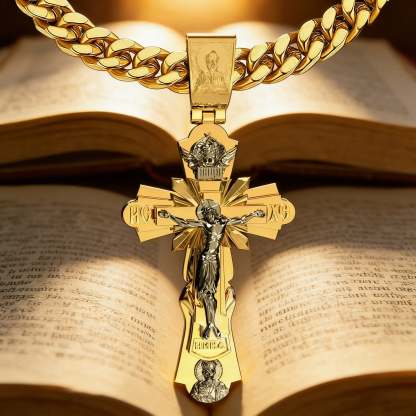 Gold-Plated Copper Crucifix Pendant with Jesus Christ and Religious Figures