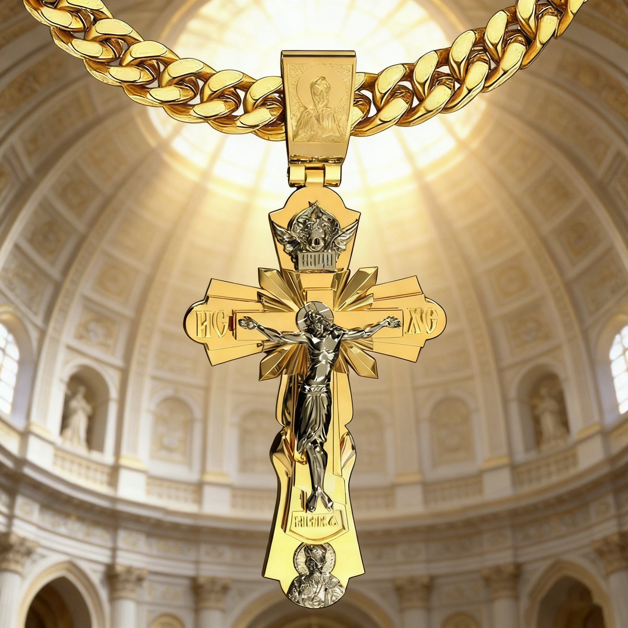 Gold-Plated Copper Crucifix Pendant with Jesus Christ and Religious Figures-KKICO