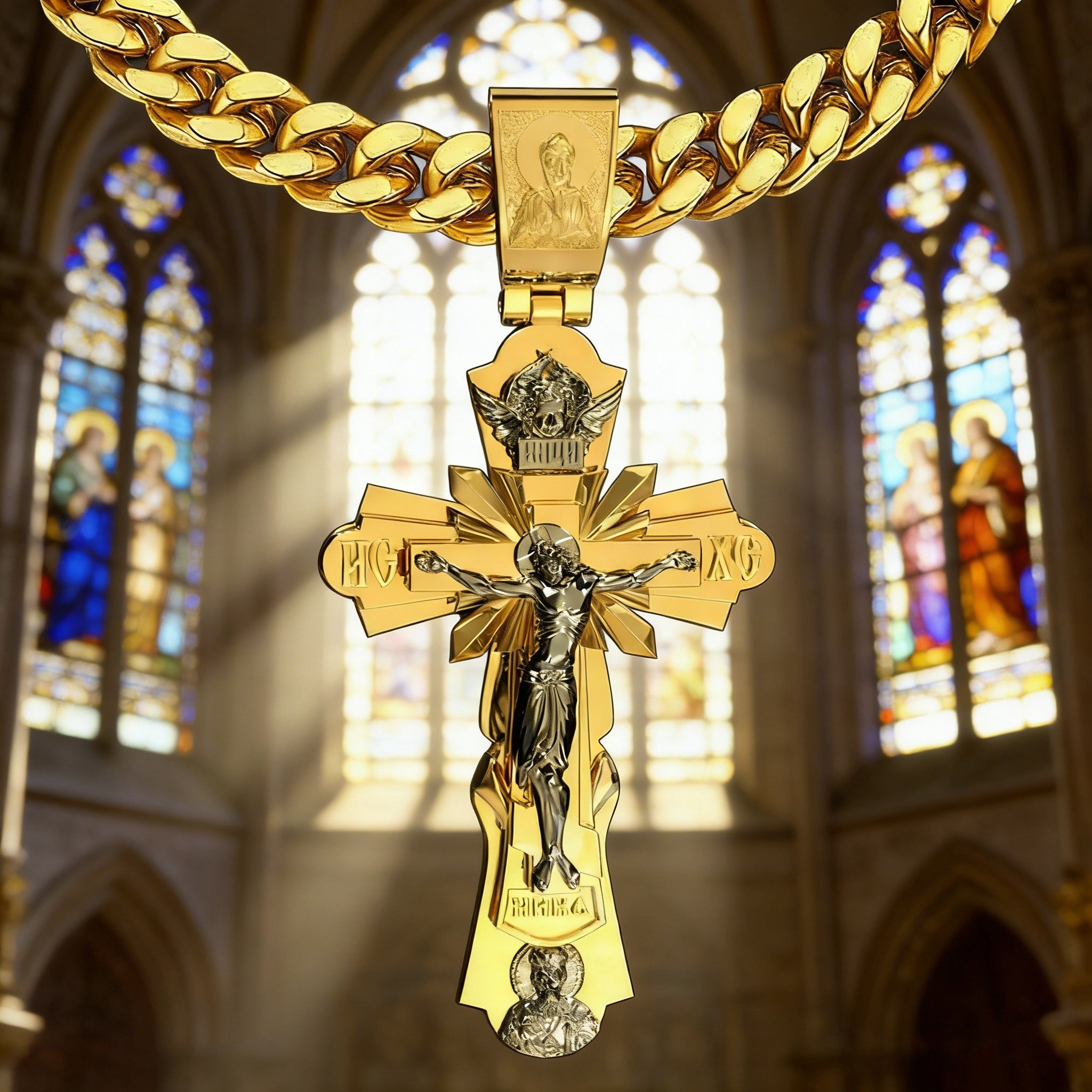 Gold-Plated Copper Crucifix Pendant with Jesus Christ and Religious Figures