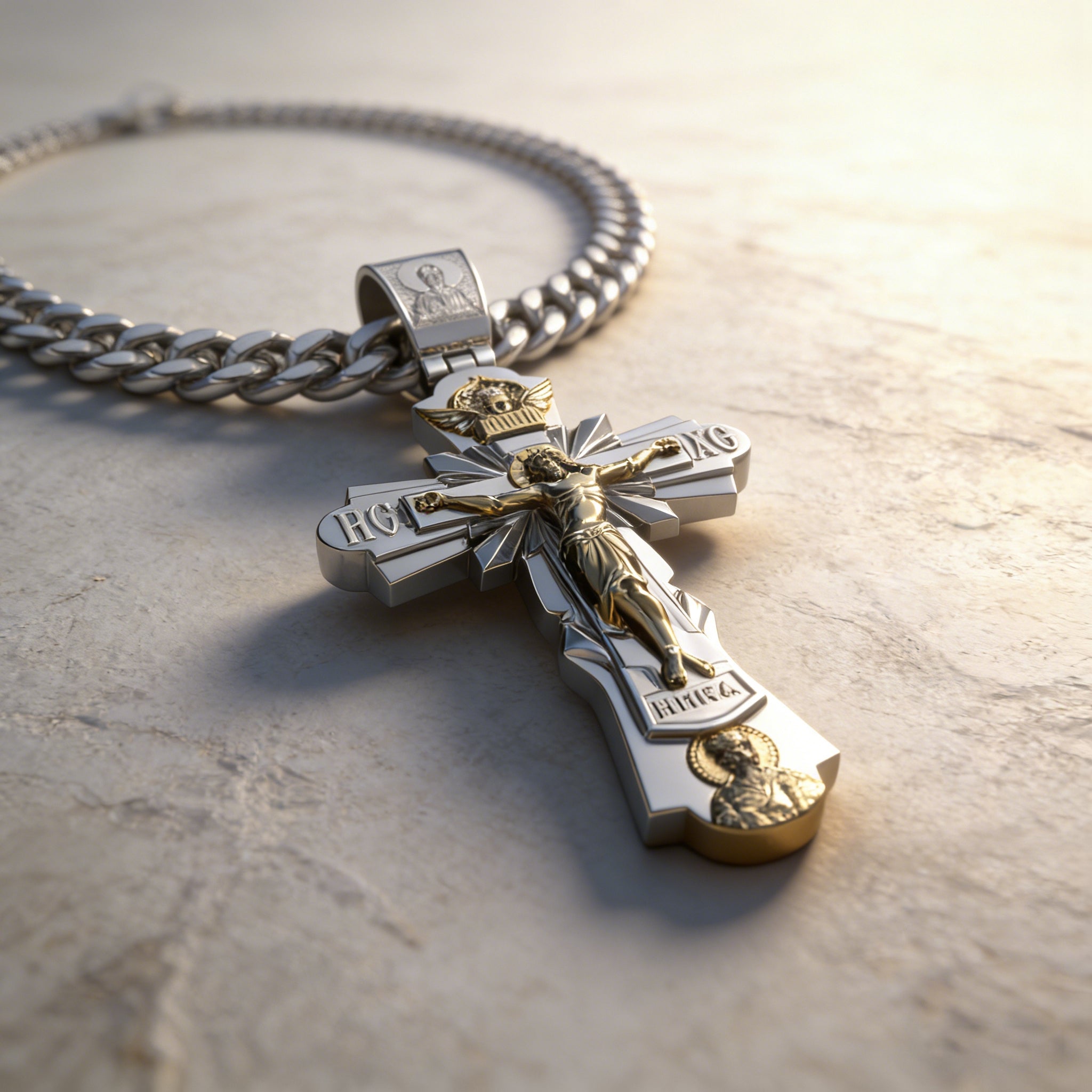 Gold-Plated Copper Crucifix Pendant with Jesus Christ and Religious Figures