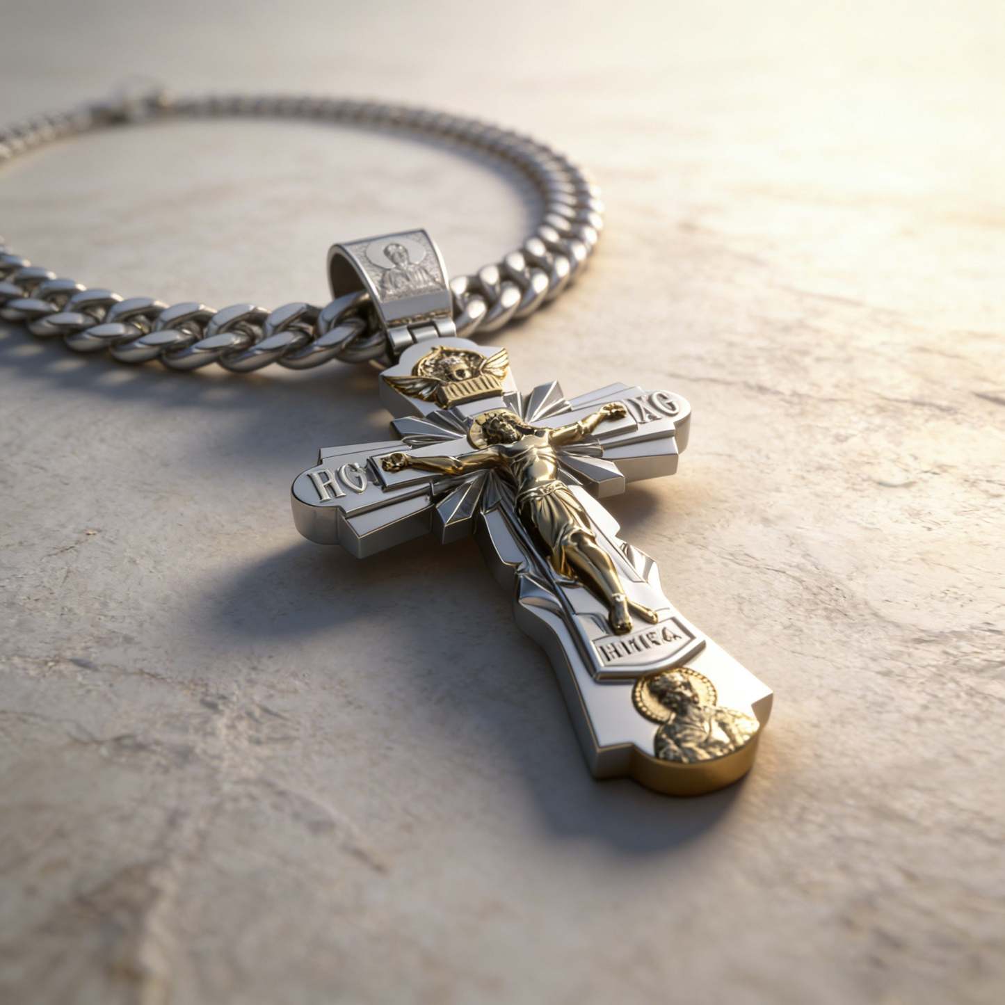 Gold-Plated Copper Crucifix Pendant with Jesus Christ and Religious Figures