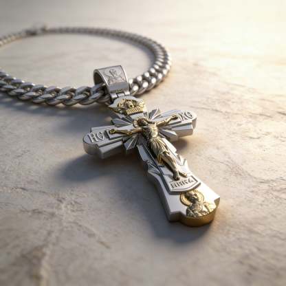 Gold-Plated Copper Crucifix Pendant with Jesus Christ and Religious Figures