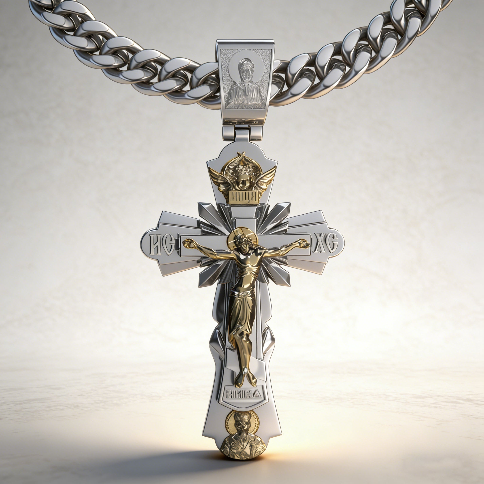 Gold-Plated Copper Crucifix Pendant with Jesus Christ and Religious Figures-KKICO