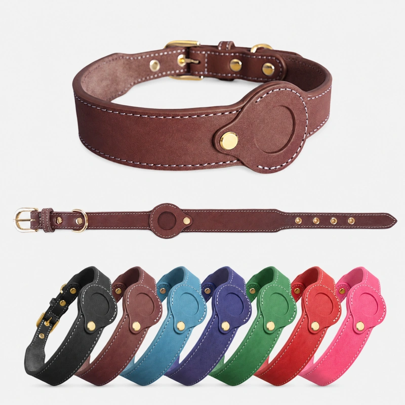 Leather AirTag Dog Collar | Wide Pet Collar with AirTag Holder