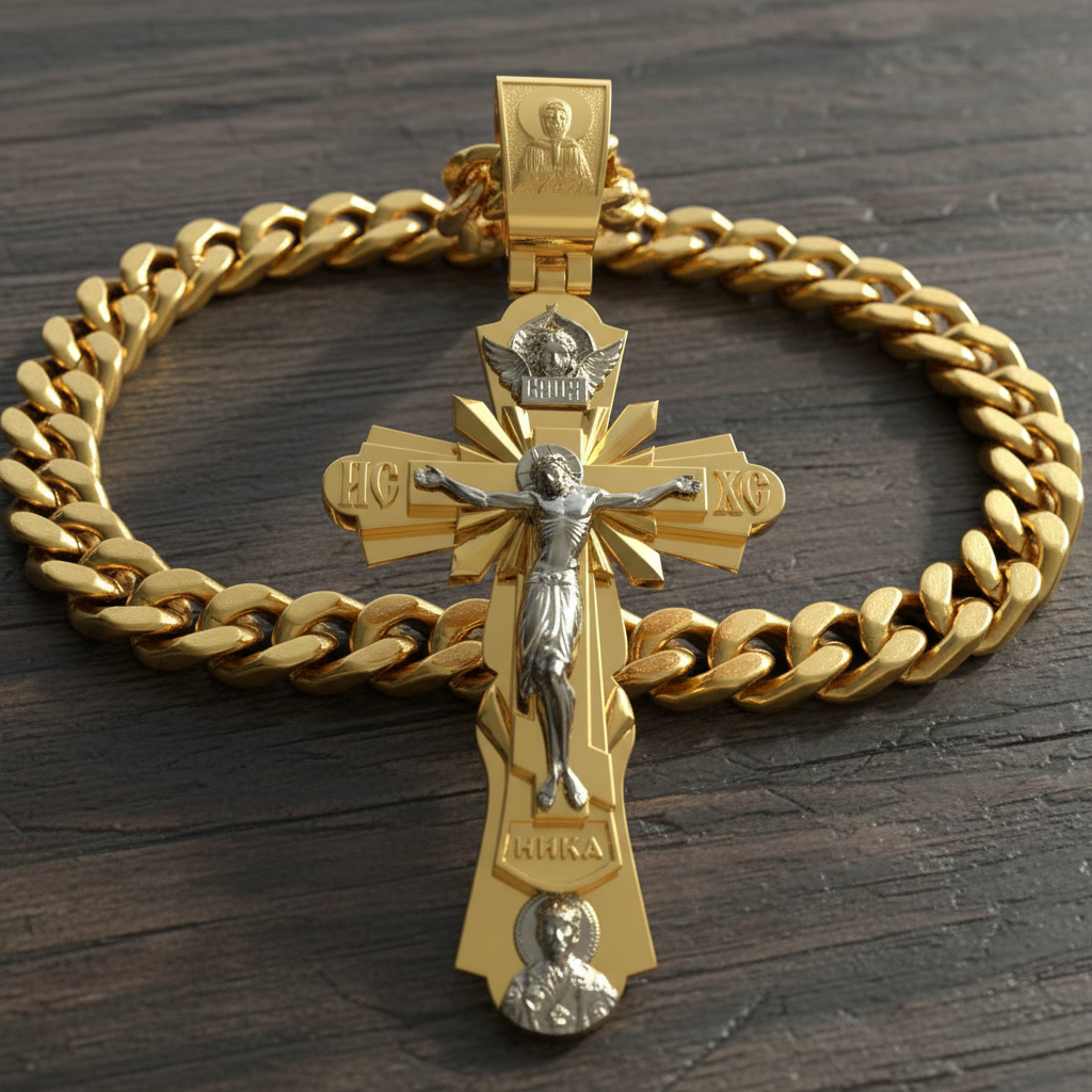 Gold-Plated Copper Crucifix Pendant with Jesus Christ and Religious Figures