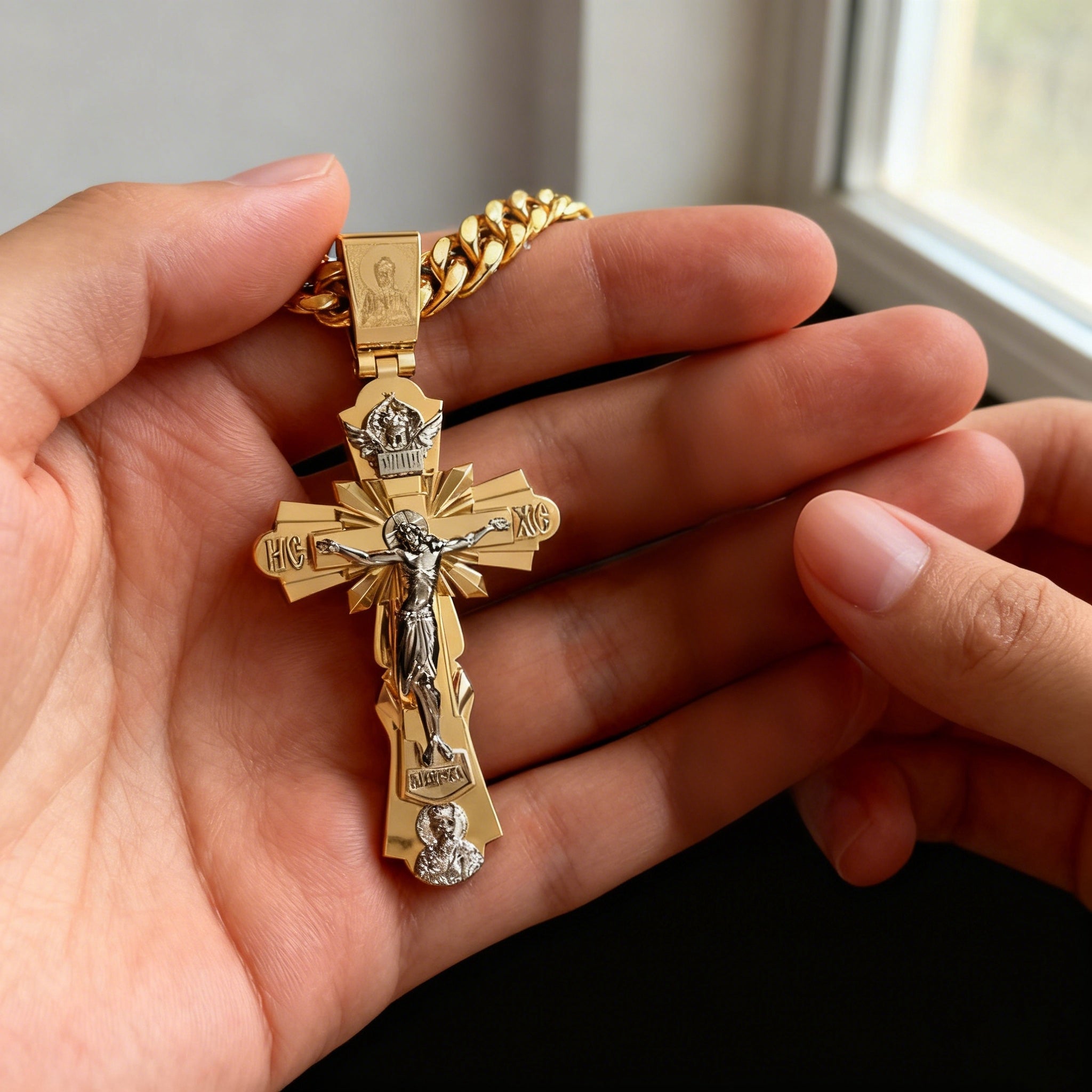 Gold-Plated Copper Crucifix Pendant with Jesus Christ and Religious Figures-KKICO