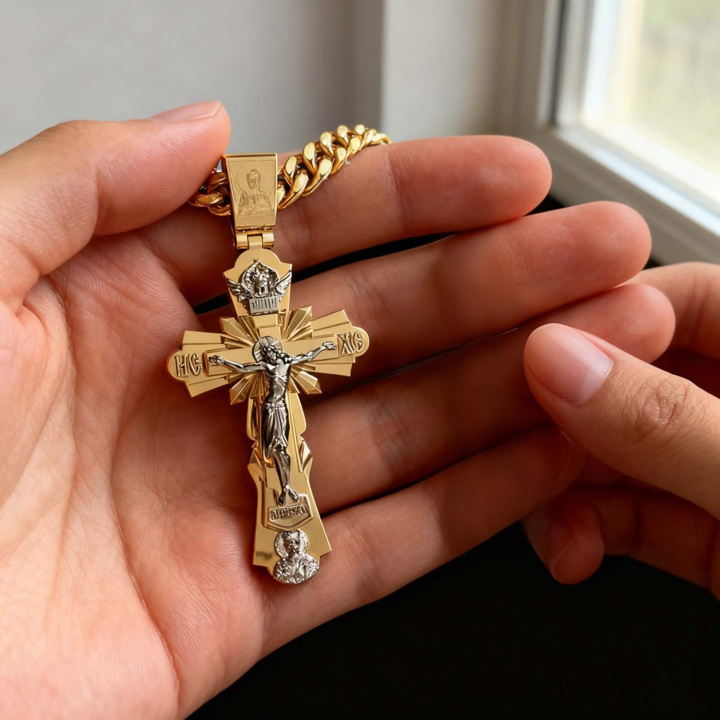 Gold-Plated Copper Crucifix Pendant with Jesus Christ and Religious Figures