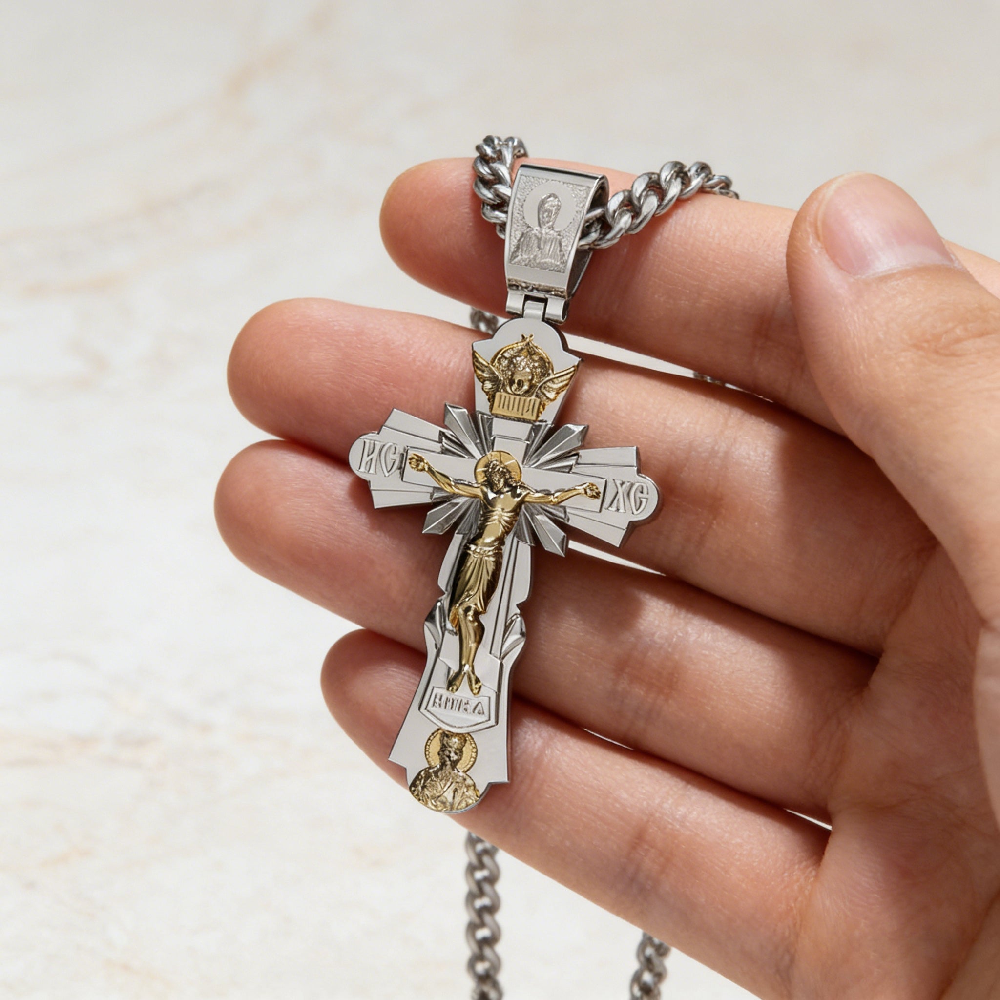 Gold-Plated Copper Crucifix Pendant with Jesus Christ and Religious Figures-KKICO