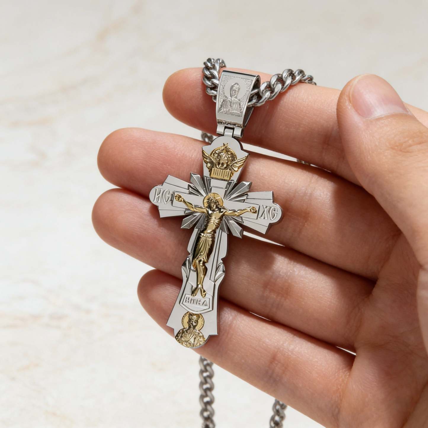 Gold-Plated Copper Crucifix Pendant with Jesus Christ and Religious Figures