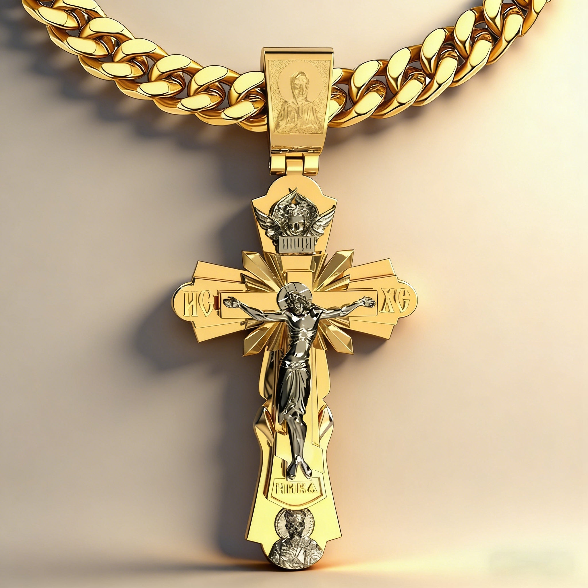 Gold-Plated Copper Crucifix Pendant with Jesus Christ and Religious Figures