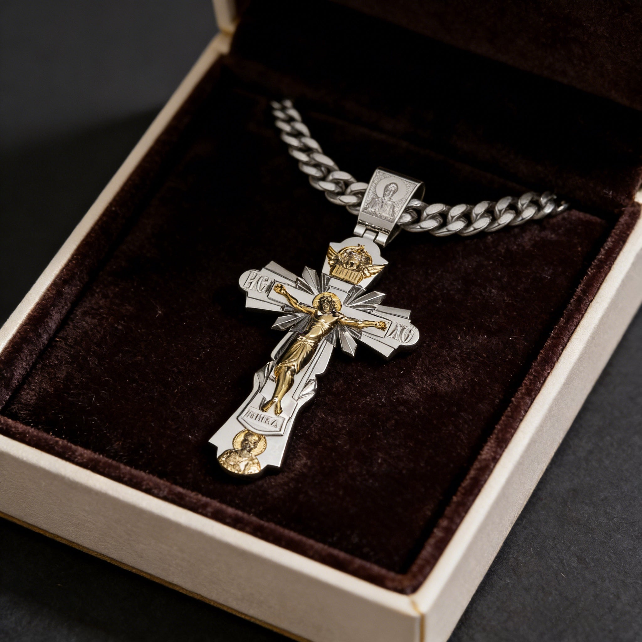 Gold-Plated Copper Crucifix Pendant with Jesus Christ and Religious Figures