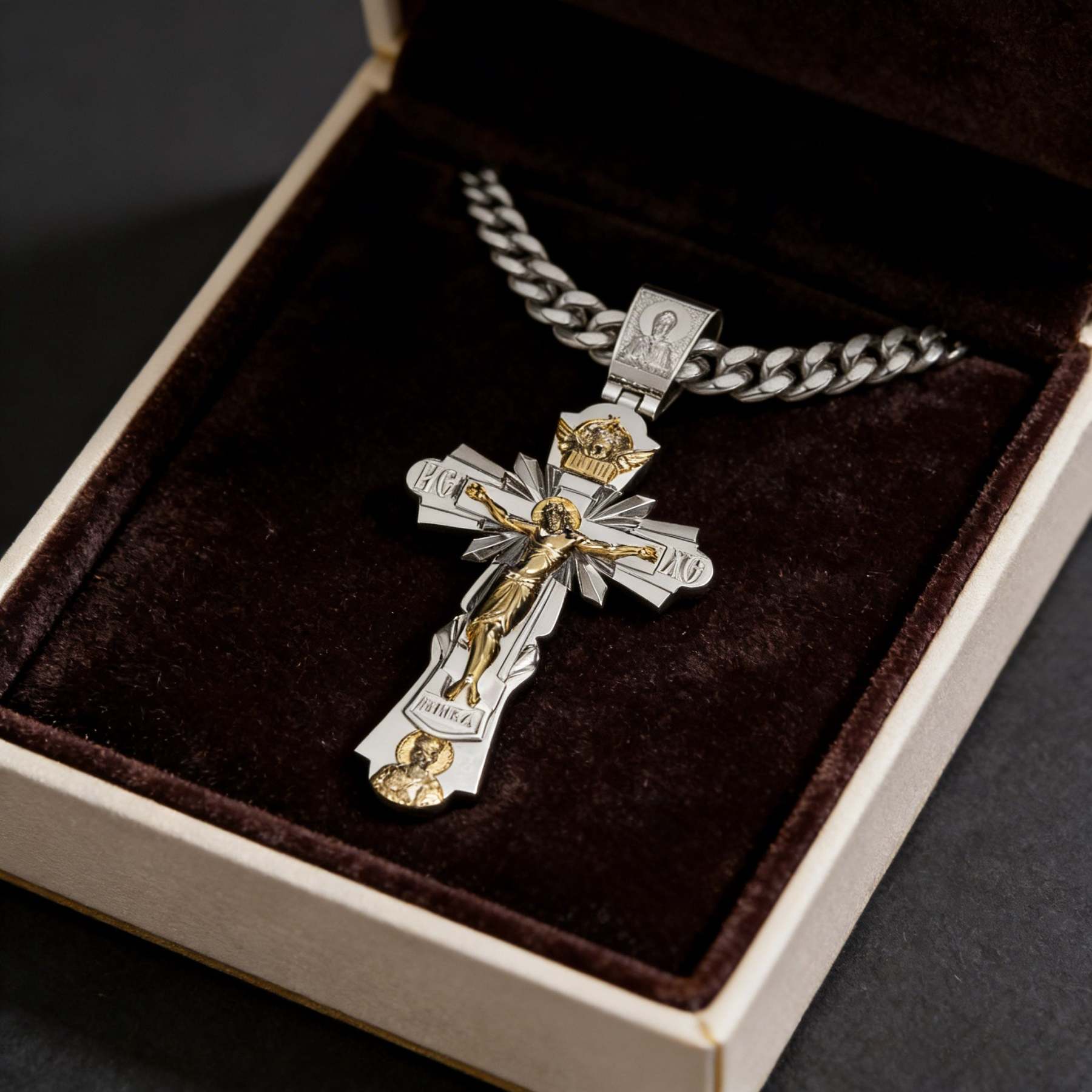 Gold-Plated Copper Crucifix Pendant with Jesus Christ and Religious Figures