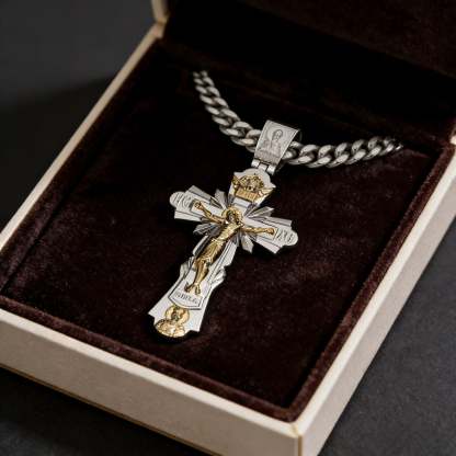 Gold-Plated Copper Crucifix Pendant with Jesus Christ and Religious Figures