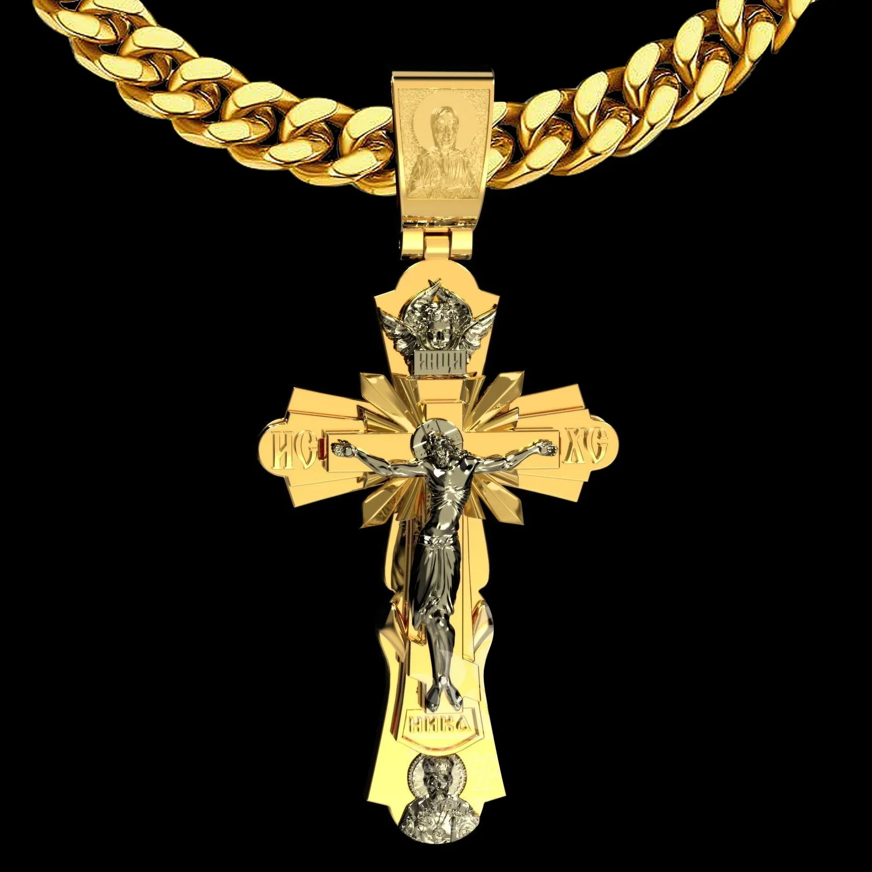 Gold-Plated Copper Crucifix Pendant with Jesus Christ and Religious Figures-KKICO