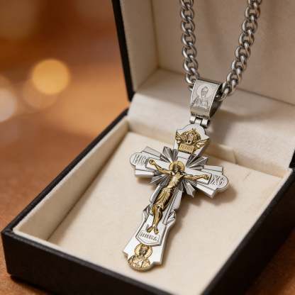 Gold-Plated Copper Crucifix Pendant with Jesus Christ and Religious Figures