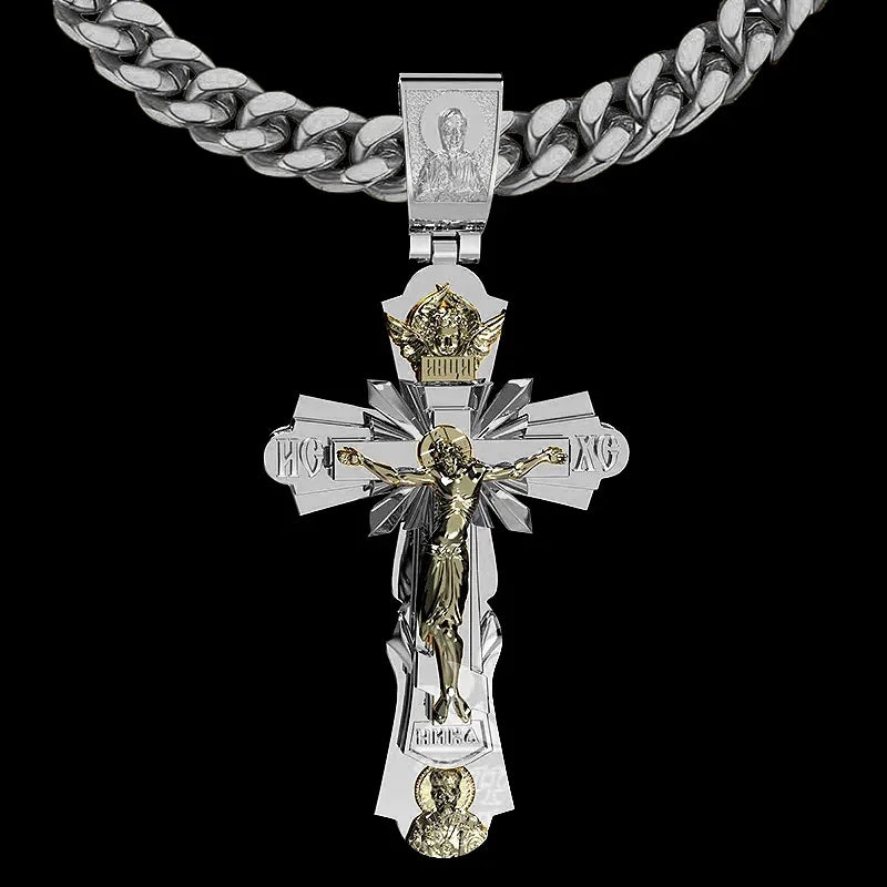 Gold-Plated Copper Crucifix Pendant with Jesus Christ and Religious Figures-KKICO