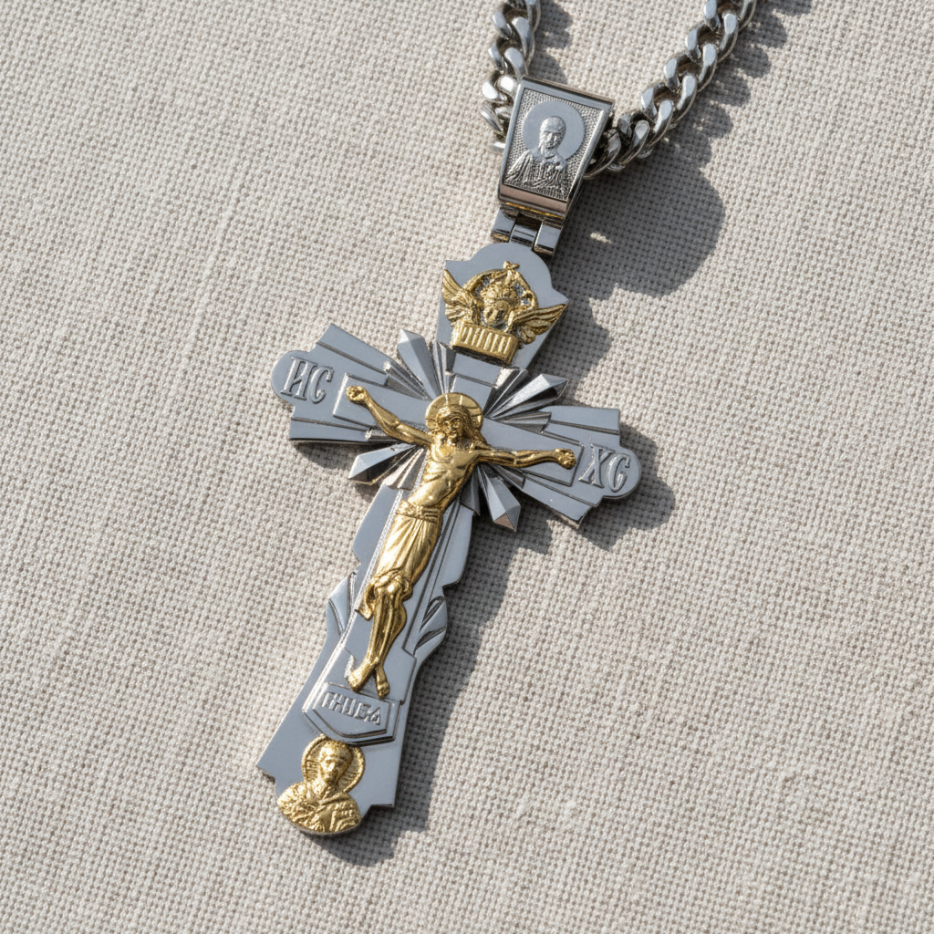 Gold-Plated Copper Crucifix Pendant with Jesus Christ and Religious Figures
