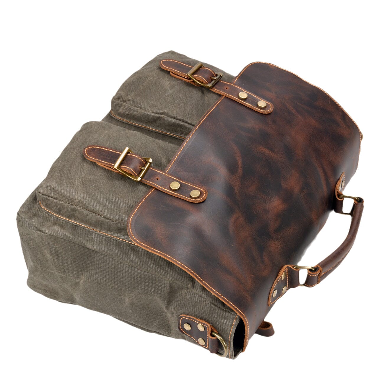 army green laptop messenger bag with leather flap. real buckles. laying on a front background. from eiken. tulsa model