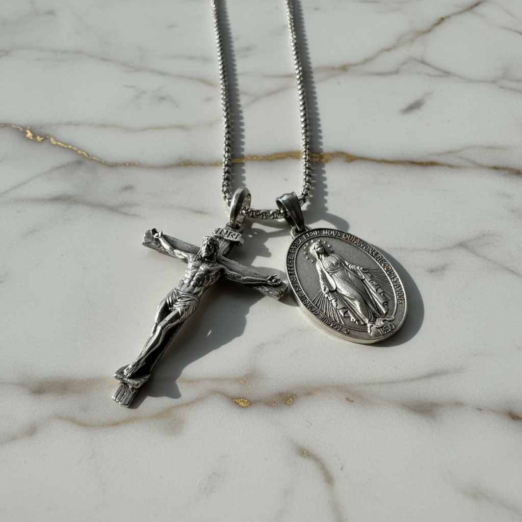 Jesus Cross and Virgin Mary Combination Necklace Pendant-KKICO