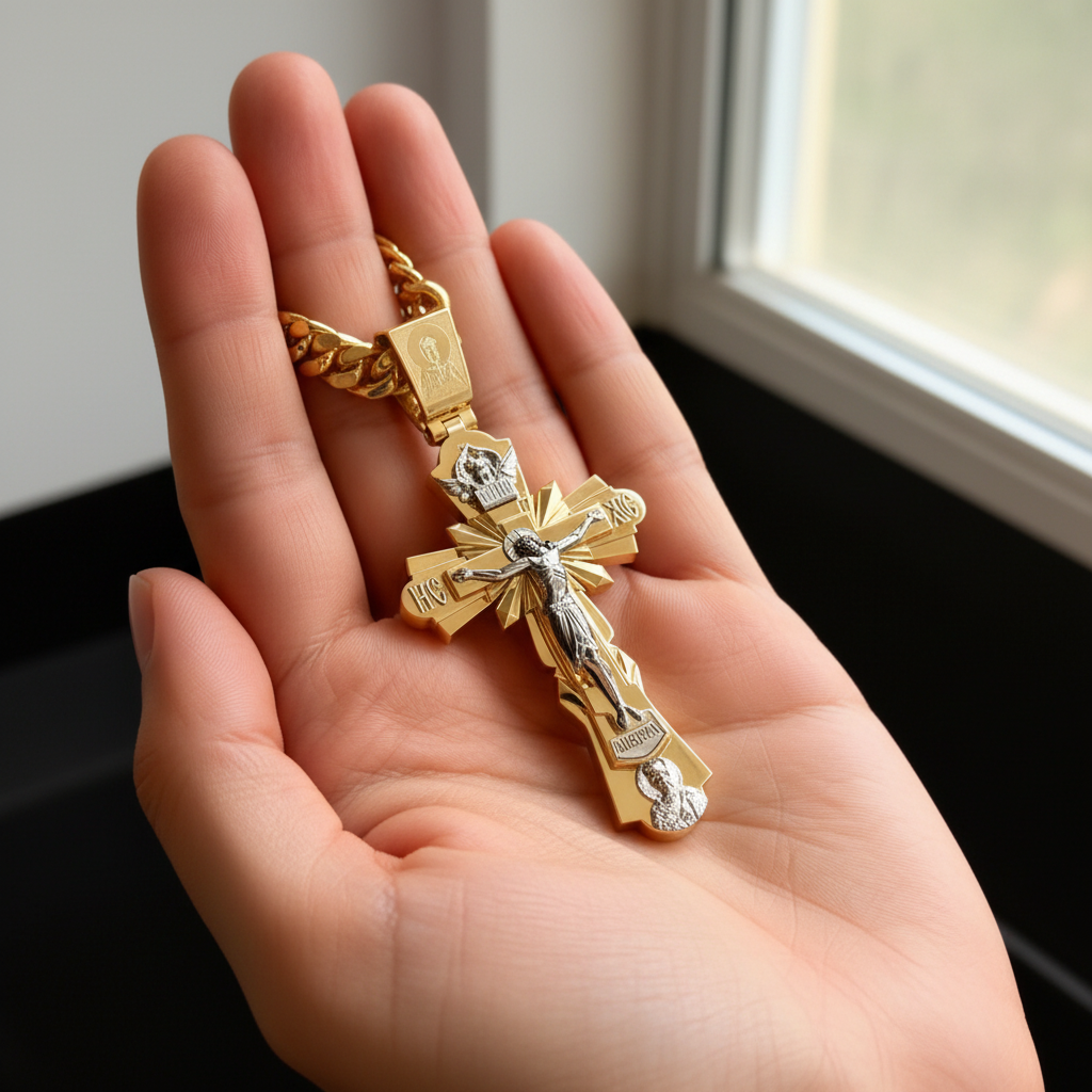 Gold-Plated Copper Crucifix Pendant with Jesus Christ and Religious Figures