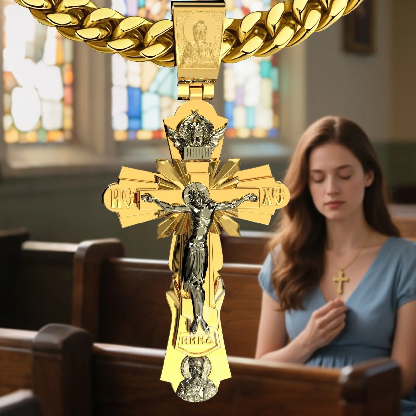 Gold-Plated Copper Crucifix Pendant with Jesus Christ and Religious Figures