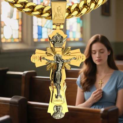 Gold-Plated Copper Crucifix Pendant with Jesus Christ and Religious Figures