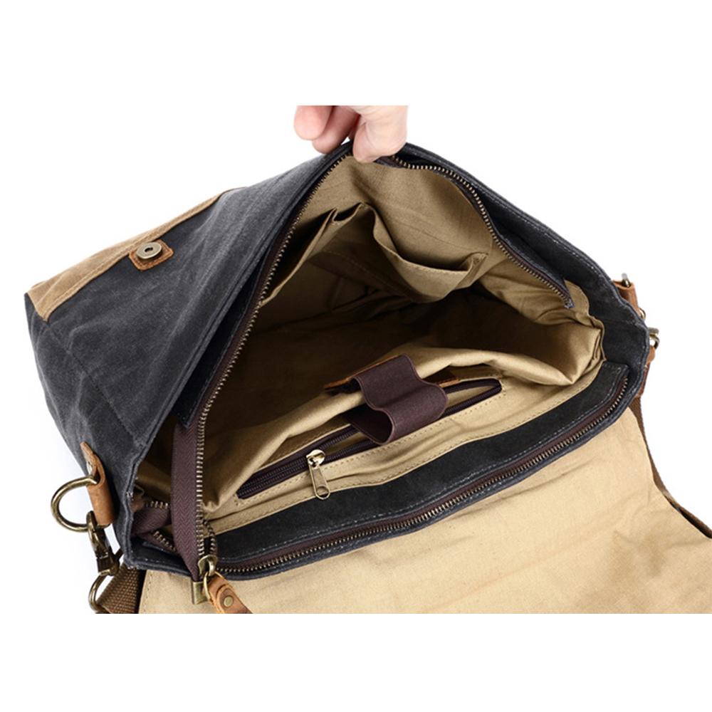 Briefcase-style waxed canvas laptop bag with leather handle
