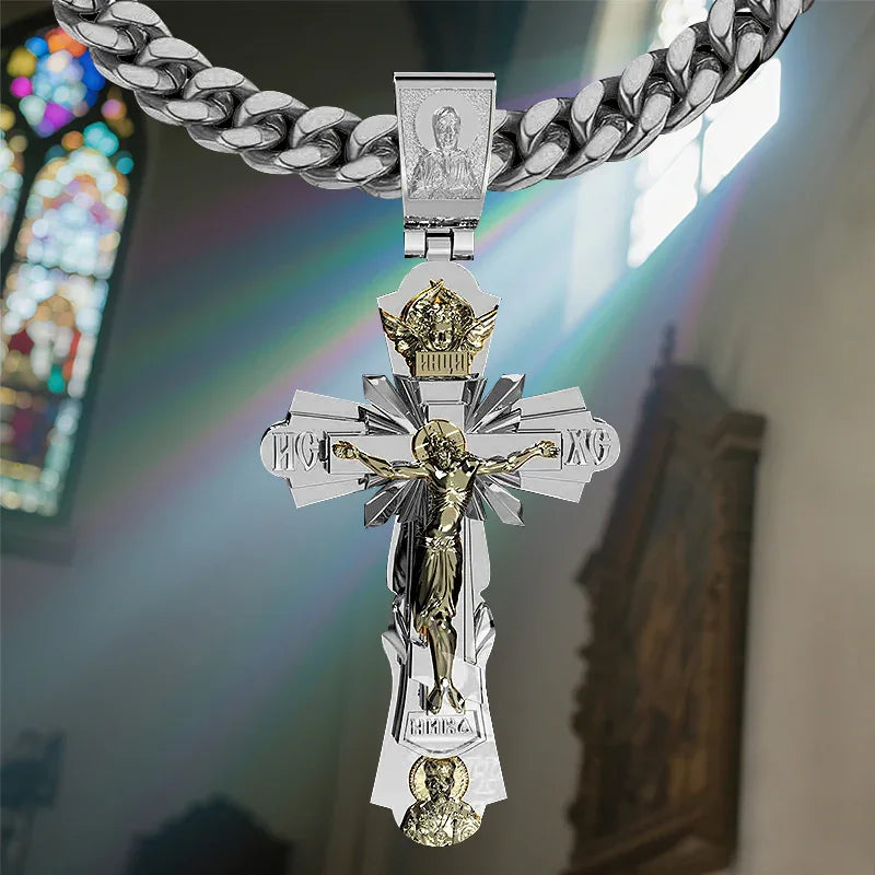 Gold-Plated Copper Crucifix Pendant with Jesus Christ and Religious Figures-KKICO