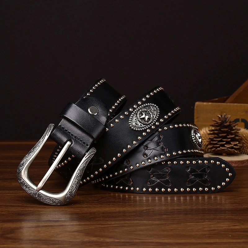 Bronco Lace Leather Belt with Engraved Alloy Buckle | 3.8cm Wide