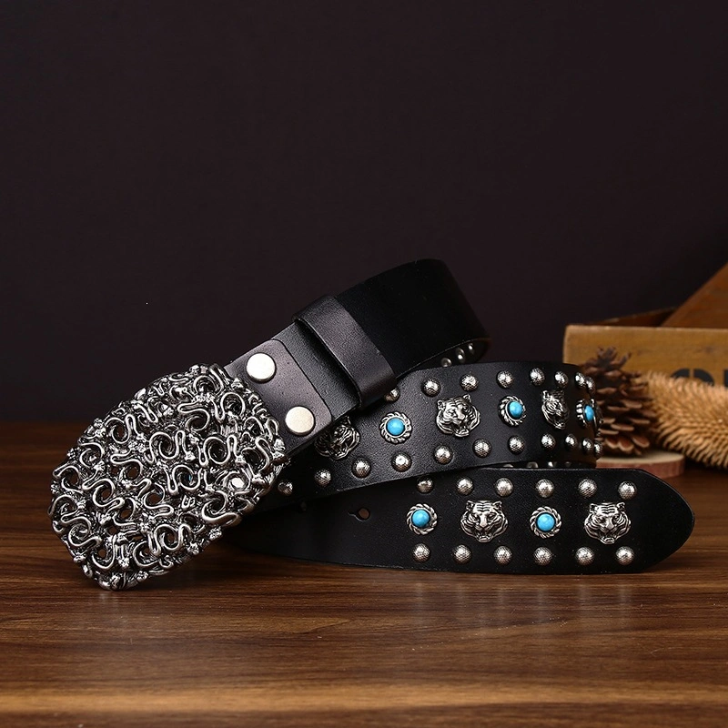 Serpent Studded Leather Belt with Ornate Plate Buckle | 3.8cm Wide