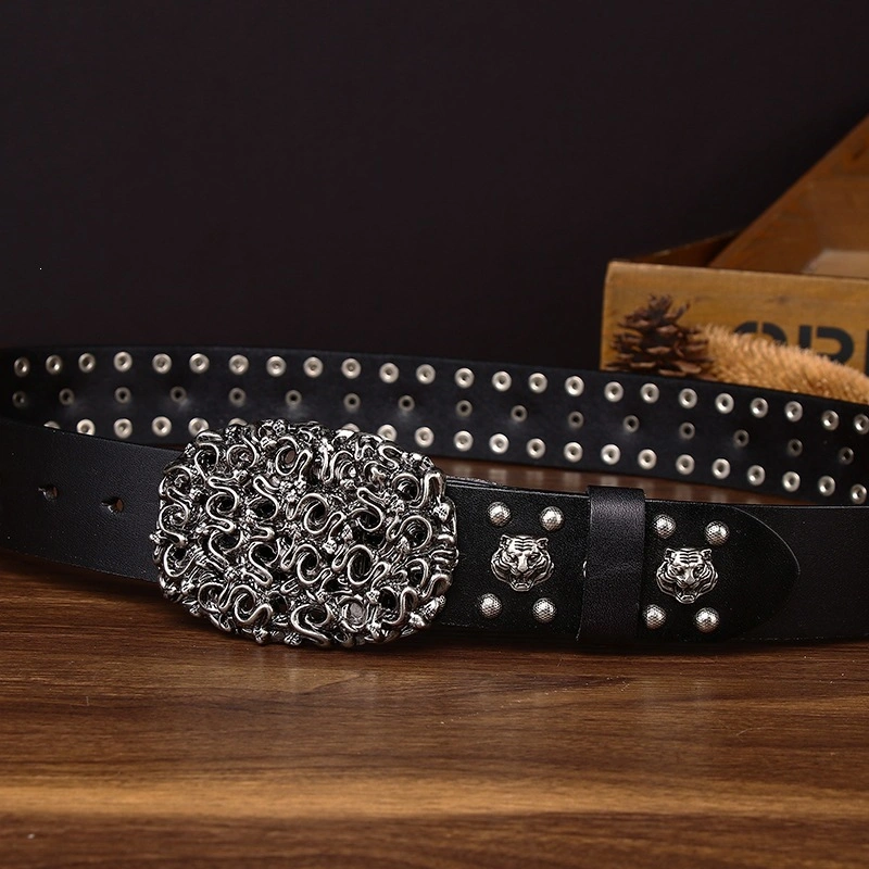 Serpent Studded Leather Belt with Ornate Plate Buckle | 3.8cm Wide